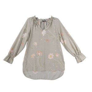 Kaari Blue Floral Print Blouse Polyester 3/4 Sleeves Ruffled Cuffs Beige Size‎ M
